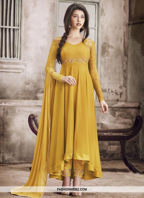 Innovative Faux Georgette Asymmetrical Anarkali Salwar Kameez For Ceremonial Georgette Anarkali Suits, Kameez Designs, Salwar Designs, Designer Salwar Kameez, Salwar Kamiz, Designer Anarkali, Indian Gowns, Style Hijab, Party Kleidung