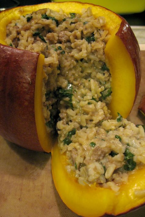 Sausage And Rice Stuffed Pumpkin, Starchy Sides, Hamburger Rice, Pumpkin Sausage, Pumpkin Dinner, Pumpkin Recipes Dinner, Rice Dressing, Sausage Dinner, Gluten Free Stuffing