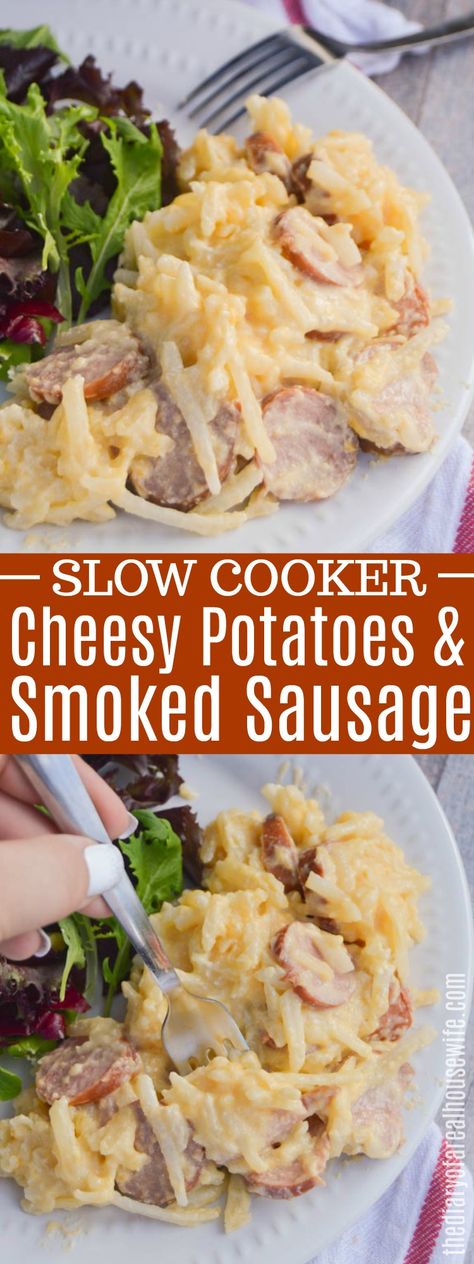 This simple Slow Cooker Cheesy Potatoes and Smoked Sausage is sure to please the family and a recipe you will want on these chilly fall days. #slowcooker #fallfood #cheesypotatoes Breakfast Crockpot, Smoked Sausages, Sausage Crockpot, Smoked Sausage Recipes, Crock Pot Potatoes, Pot Recipes Healthy, Cheesy Potato, Pot Recipes Easy, Crockpot Recipes Beef