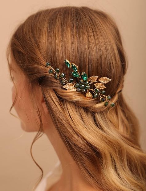 Green Wedding Hair, Leaf Hair Accessories, Bridal Hair Barrettes, Emerald Hair, Dark Green Hair, Wire Rose, Black Wedding Hairstyles, Leaf Headpiece, Wedding Hair Clip