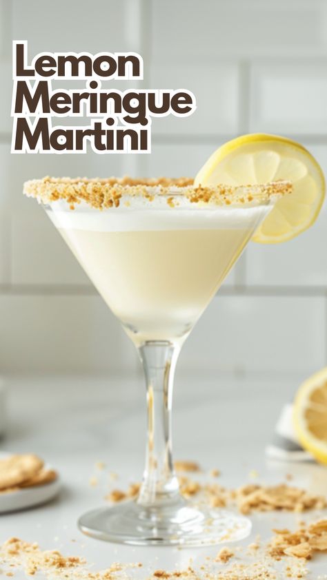 Lemon Meringue Martini Lemon Meringue Pie Martini, Lemon Pie Martini, Lemon Meringue Drink, Whipped Vodka Martini Recipes, Lemon Meringue Martini Recipe, Lemon Meringue Cocktail Recipe, Classic Martini Recipes Vodka, Lemon Meringue Martini, Lemon Cheesecake Cocktail