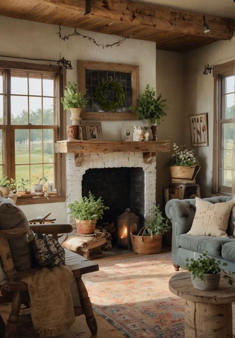 Woodsy Cottage Interior, Witchy Cottagecore Living Room, Cottage House Decor, Salons Cottage, Whitewashed Brick, Farmhouse Living Rooms, Brick Fireplaces, Cozy Interiors, Productive Work