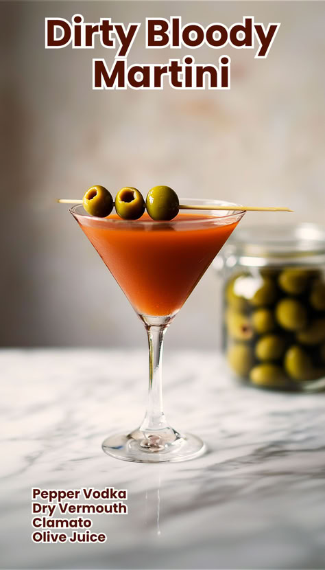 Discover the Dirty Bloody Martini, a savory cocktail made with pepper vodka, dry vermouth, Clamato juice, and olive juice for a spicy twist! Savory Martini Recipes, Savory Cocktails, Spiced Rum Cocktails, Dirty Martini Recipe, Martini Recipes Vodka, Vermouth Cocktail, Spicy Drinks, Spicy Cocktail, Olive Juice