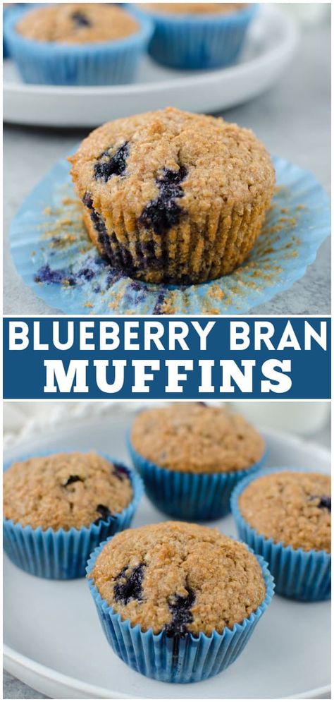 Blueberry Bran Muffins - healthy and hearty muffins made with Greek yogurt, wheat bran, and fresh blueberries. Muffins Made With Greek Yogurt, Hearty Muffins, Muffins With Yogurt, Blueberry Bran Muffins, Bran Muffins Healthy, Heavenly Recipes, Wheat Bran, Cheesecake Oreo, Healthy Blueberry Muffins