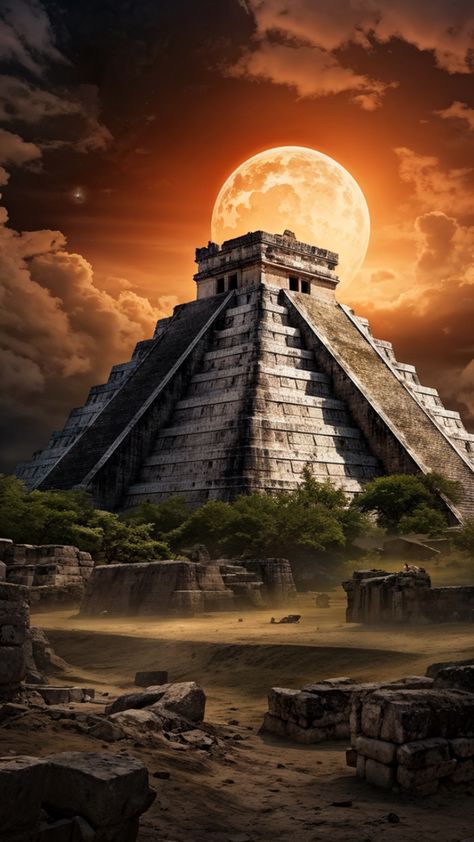 Wallpaper Fantasy Art, Azteca Tattoo, Aztec Temple, Aztec Pyramids, Wallpaper Fantasy, Aztec Artwork, Aztec Wallpaper, Mexican Artwork, Aztec Ruins