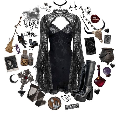 Raven Style Outfit, Goth Outfits Polyvore, Witch Style Outfits, Dark Witch Outfit, Dark Witch Aesthetic Outfit, Witch Inspired Outfit, Black Style Outfit, Witch Aesthetic Outfit, Witch Outfits