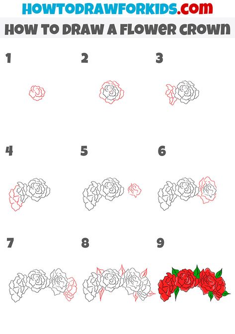 Flower Crown Art Reference, How To Draw Flower Crown, Flower Crown Drawing Sketches, How To Draw A Crown Step By Step, Flower Crown Drawing Reference, Crown Drawing Sketches, Flower Crown Step By Step, Flower Crown Drawing, Draw A Flower