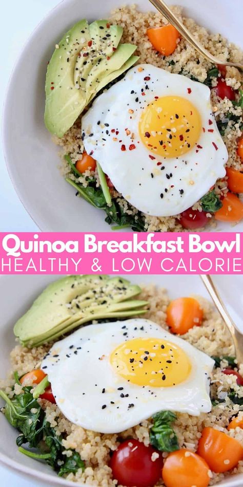 Whip up a delicious, healthy & low calorie Quinoa Breakfast Bowl in just 10 minutes! Packed with spinach, tomatoes, avocado and a sunny side up egg, they're filled with vitamins, potassium, fiber and protein, sure to keep you full for hours! And they're vegetarian and gluten free! Quinoa Breakfast Bowl Healthy, Quinoa Breakfast Recipes, Gf Things, Healthy Filling Breakfast, Quinoa Recipes Breakfast, Savory Quinoa, Breakfast Bowls Recipe, Quinoa Breakfast Bowl, Quinoa Bowls