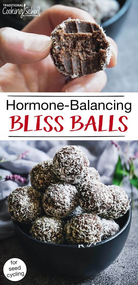 Feeling hormonal or getting hit hard by PMS? You're not alone! And thanks to nutrient-dense seeds that regulate female hormones, these natural hormone-balancing bliss balls with cacao and dates can help. They're chewy, succulent, and so very chocolate-y... the perfect easy recipe for any time of the month! #foods #chocolate #nutfree #blissballs #hormonebalance Hormone Diet, Luteal Phase, Seed Cycling, Cycle Syncing, Female Health, Time Of The Month, Protein Treats, Natural Hormones, Poor Nutrition