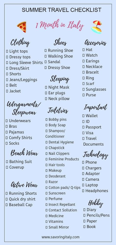 What to Pack for a Month in Italy-Italy travel packing list - get ready for your trip to Italy with our ultimate travel packing list for Italy. Read our article for Italy trip essentials and enjoy our FREE downloadable checklist via @savoringitaly #italy #vacation #packinglist #traveltips #eurotrip #packing #whattopack #summerineurope Packing List For Italy, Pack For A Month, Trip Essentials Packing Lists, Italy Packing List, Trip Packing List, Travel Packing Checklist, Nicki Minaj Quotes, Italy 2023, Travel Bag Essentials