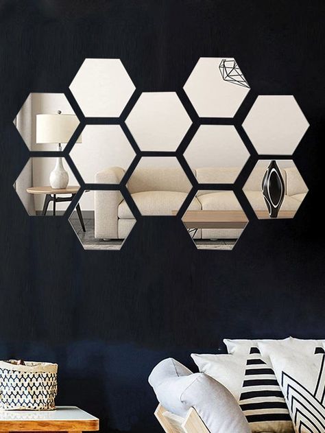 Hexagon Mirror Design, Hexagon Mirror Wall Decor Living Room, Plain Wall Decor Ideas Bedroom, Hexagon Mirror Wall Decor Ideas, Mirror Sticker Wall Decor, Hexagon Mirror Wall Decor, Mirror Wall Decor Bedroom, Wall Mirror Decor Living Room, Wall Decora