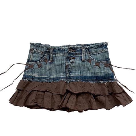 cute denim mini skirt with frilly layered hem,... - Depop Custom Denim Skirt, Sweet November, Flared Denim, Custom Denim, Fashion Bottoms, Brown Skirts, Denim Flares, Denim Mini, Denim Mini Skirt