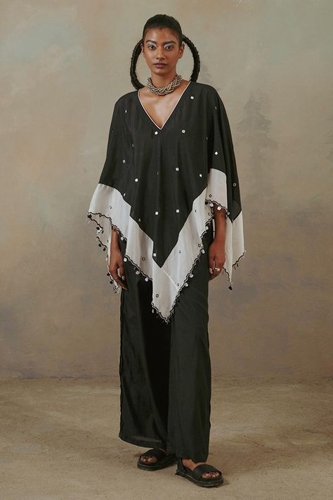 Buy Sureena Chowdhri Black Muslin Gota Embroidered Poncho Online | Aza Fashions Sureena Chowdhri, Poncho For Women, Tunics Online, Gota Work, Floral Print Tunic, Cape Sleeves, Thread Work, Print Tunic, Womens Tunics