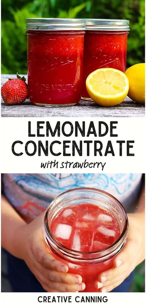 Try our Lemonade Concentrate with Strawberry recipe from the Canning Drinks collection. This concentrate is an ideal way to enjoy strawberry lemonade throughout the year. Easy to prepare and a surefire hit for any occasion, it’s made with only three ingredients. A great recipe for those exploring water bath canning recipes. Visit creativecanning.com for more preserving fruit in jars ideas. Canning Drinks, Preserving Strawberries, Fruit In Jars, Strawberry Canning, Strawberry Lemonade Concentrate, Lemonade Concentrate Recipe, Canning Fruit Recipes, Preserving Fruit, Water Bath Canning Recipes