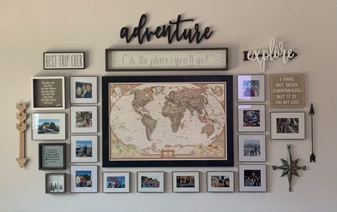 I love how my travel wall turned out. I wanted to create memories from all of my travels with family and friends. My push pin map is at the center with locations we have been. Travel Art Gallery Wall, Travel Picture Wall Ideas Photo Displays, Travel Wall Decor Ideas, Hallway Wall Ideas, Travel Photo Wall, Adventure Wall Decor, Office Refresh, Travel Photos Display, Family Pictures On Wall