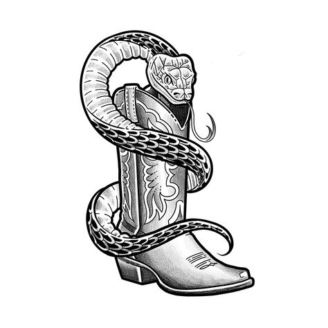 Snake Flash Tattoo, Black Trad Tattoo, Cowboy Boots Drawing, Snake In My Boot, Western Tattoo, H Tattoo, Tarot Card Tattoo, Slc Utah, Snake Drawing