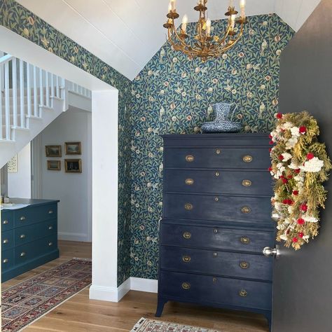 Silk Interiors | We love seeing our wallpaper in the wild. Here's @wmorrisandco's Bird & Pomegranate Wallpaper in Blue & Sage looking stunning in this… | Instagram William Morris Bird And Pomegranate, Bird Pomegranate Wallpaper, Pomegranate Wallpaper, William Morris Wallpaper, Wallpaper In Blue, New House Build, Morris Wallpapers, Blue Sage, In The Wild