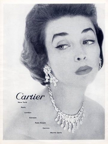 Cartier (Jewels) 1954 Dorian Leigh, Cartier Diamond, Cartier Earrings, Cartier Necklace, Jewelry Ads, Cartier Jewelry, Mid Century Jewelry, Vintage Jewels, Jewelry Vintage