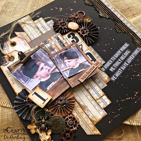 2 Crafty Chipboard : "Handsome Lad"A Masculine Layout By Di Garling Masculine Scrapbook, Sharpie Pens, Polaroid Frame, Steampunk Gears, Black Sharpie, Rusty Metal, Scrapbook Layout, Hi There, Scrapbook Layouts