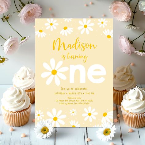 Daisy First Birthday Invitation Retro Daisy Birthday Invite Yellow Daisy Party Girl Flower First Birthday Editable Digital Download A691 Yellow First Birthday Party, Daisy Flower Invitation, Flower First Birthday, Daisy First Birthday, Daisy Invitations, Daisy Birthday, Daisy Party, Retro Daisy, Paperless Post