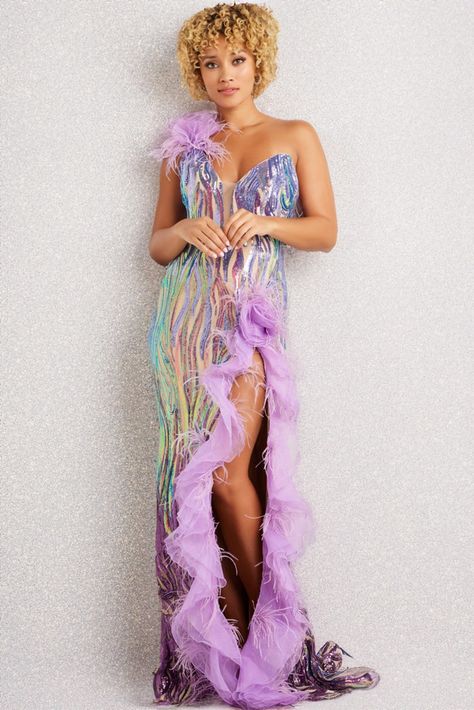 Purple Pageant Dress, Fringe Prom Dress, Gown With Feathers, Feather Dresses, Ruffle Long Dress, Jovani Prom, Pageant Gown, Purple Gowns, Prom Dresses Jovani