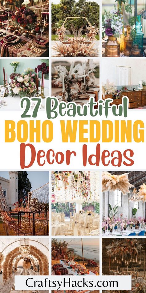 Create the enchanting boho chic wedding of your dreams with our beautifully curated wedding decorations that capture the essence of bohemian elegance. These boho wedding ideas combine rustic aesthetics with lush florals and eclectic accents to bring your whimsical wedding vision to life. Boho Decorations For Wedding, Inexpensive Boho Wedding Decor, Rustic Bohemian Wedding Ideas, Wedding In May Ideas, Neutral Earthy Wedding, Spring Boho Wedding Ideas, Diy Eclectic Wedding Decor, Rustic Boho Chic Wedding, Boho Wedding Arrangements