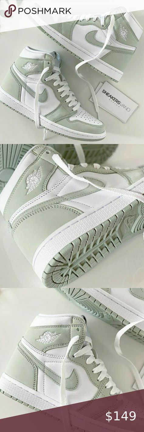 Nike Air Jordan1 Women's White and Green Sage Sneakers Women's Shoes Sepatu Air Jordan, Jordans Aesthetic, Jordan Shoes For Women, Green Jordans, Mode Shoes, Jordan Shoes Girls, All Nike Shoes, Nike Shoes Jordans, Tenis Nike