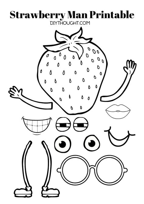 Strawberry man printable. Build your own strawberry man with this funny printable craft. Kitten Crafts, Book Sketches, Strawberry Crafts, Man Building, Fruit Crafts, Bird Coloring, Diy Preschool, Strawberry Art, Strawberry Shortcake Party