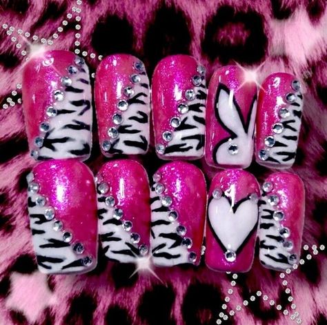 Playboy Pink Zebra Bling Y2K Nails Early 2000s Nail Designs, 2010 Nails, 00s Nails, Mcbling Nails, Scene Nails, Zebra Nails, Hippie Nails, Punk Nails, Duck Nails