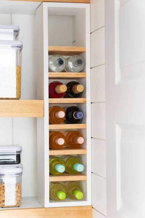 Diy Built In Wine Rack Cabinets, Wine Bottle Rack Diy, Vertical Wine Storage, Built In Wine Rack Cabinets, Diy Bottle Rack, Pantry Wine Storage, Wine Rack Kitchen Cabinet, Pantry Wine Rack, Wine Rack Above Fridge