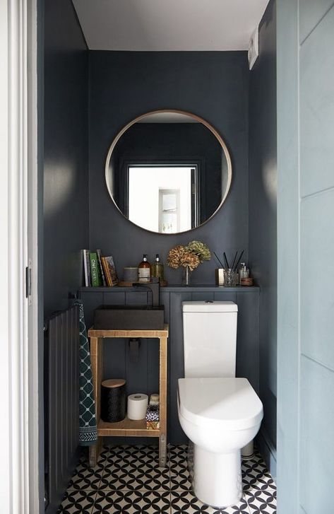 Dark Grey Toilet Room, Funky Lounge Ideas, Dark Grey Downstairs Toilet, Tiny Dark Bathroom, Dark Cloakroom Toilet, Dark Cloakroom, Tiny Wc Ideas Downstairs Loo, Dark Downstairs Toilet, Small Downstairs Toilet Ideas Decor