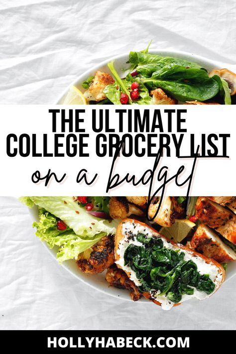 College Meal Plan On A Budget, While Foods Grocery List, How To Meal Prep In College, College Eating Healthy, Healthy Dinners For College Students, College Student Recipes Healthy, Cheap College Dinners, Super Easy College Meals, Dorm Dinner Ideas Healthy