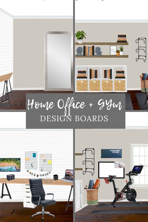 4 Design Boards to create a neutral, calming, modern home office and gym combo Bonus Room With Workout Space, Study Exercise Room, Small Office Gym Combo Ideas, Office Weight Room Combo, Office Gym Layout, Study And Gym Room Ideas, Office And Treadmill Room, Gym And Study Room, Multipurpose Room Office Gym