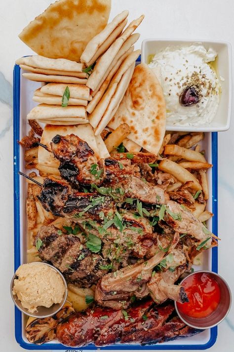 Greek Platter Pita Bread Ideas, Greek French Fries, Greek Platter, Souvlaki Greek, Greek Food Truck, Greek Food Restaurant, Greek Gyros Aesthetic, Authentic Greek Chicken Souvlaki Marinade, Greek Souvlaki Platter