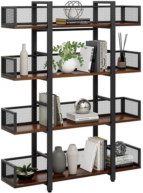 Amazon.com: STURDIS Solid Wood Black Metal Industrial Bookshelf - 4 Tier - Visually Appealing & High Capacity for Book Storage : Home & Kitchen Industrial Office Furniture, Solid Wood Bookshelf, Organizing Books, Rustic Fireplace Mantels, Rustic Books, Industrial Bookshelf, Industrial Bookcases, Metal Bookshelf, Organizer Shelf