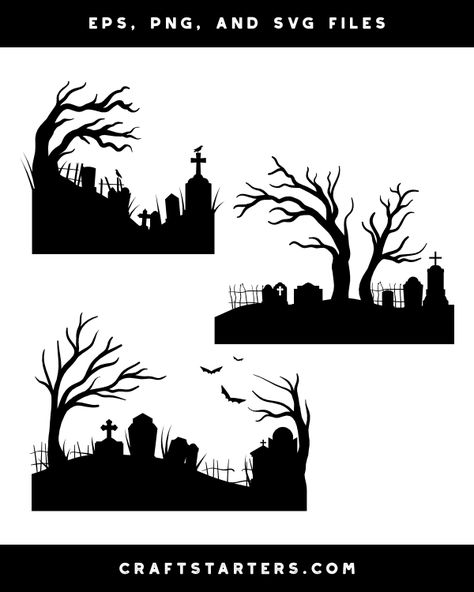 Graveyard Silhouette, Halloween Canvas Paintings, Preschool Creative Art, Scrapbook Overlay, Halloween Graveyard, Silhouette Tattoos, Halloween Silhouettes, Silhouette Clip Art, Halloween Crafts Decorations