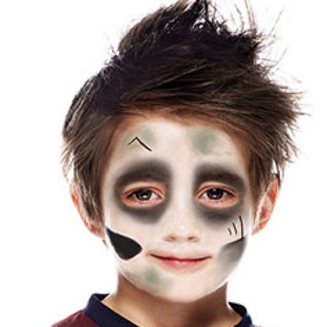 How To Face Paint A Zombie Zombie Face Makeup, Kids Zombie Makeup, Zombie Costume Kids, Zombie Face Paint, Face Paint Tutorial, Halloween Makeup For Kids, Ghost Makeup, Zombie Halloween Makeup, Zombie Kid