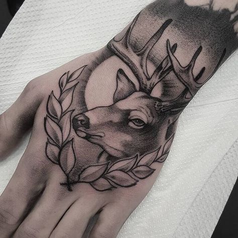 14 Best Deer Tattoo Designs On Hand | PetPress Hand Tattoo For Men, Tattoo Designs On Hand, Cool Hand Tattoos, Best Hand Tattoos, Hand Tattoos Ideas, Tattoo Deer, Tattoos On Hand, Tiger Hand Tattoo, Deer Tattoos