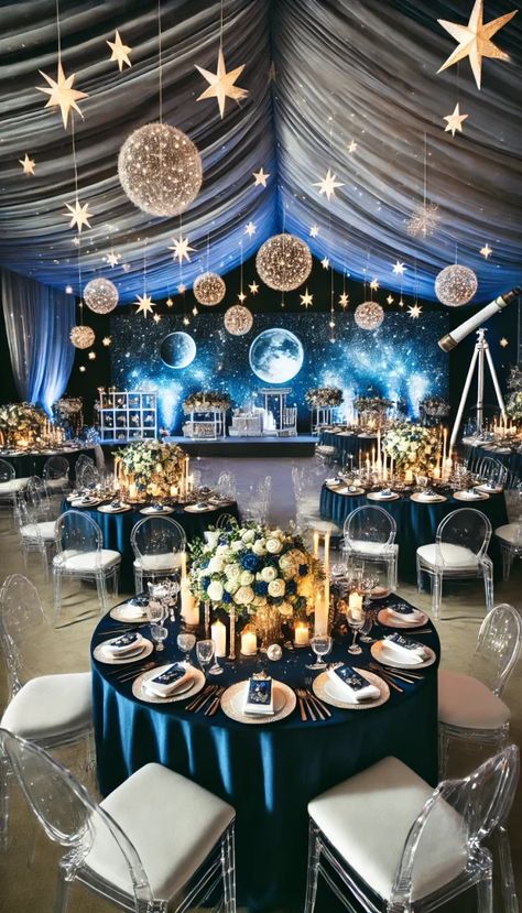 Celestial Party Theme Decor, Under The Stars Dinner Party, Starfall Themed Wedding, Starry Night Homecoming Decorations, Eclipse Themed Wedding, Moon Theme Quinceanera, Under The Stars Table Decor, Celestial Wedding Table Decor, Celestial Wedding Reception