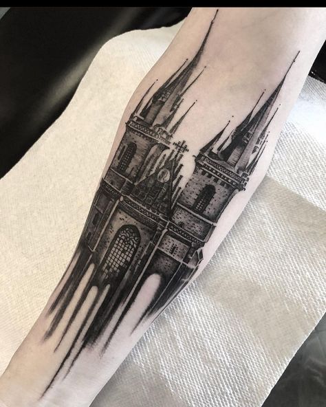 Cathedral Tattoo, Castle Tattoo, Gothic Architecture, Tattoo Designs, Castle, Tower, Architecture, Tattoos, Black