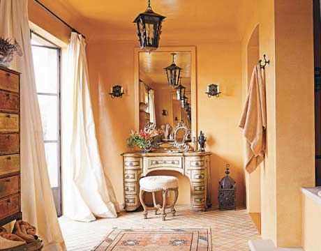 Especially if I were to leave the ceiling unpainted, this beautiful room is just too peach-like for me Style Toscan, Orange Paint Colors, Orange Rooms, Dressing Table Design, Tuscan Design, Favorite Paint Colors, Paint Colors Benjamin Moore, Yellow Bathrooms, Orange Paint