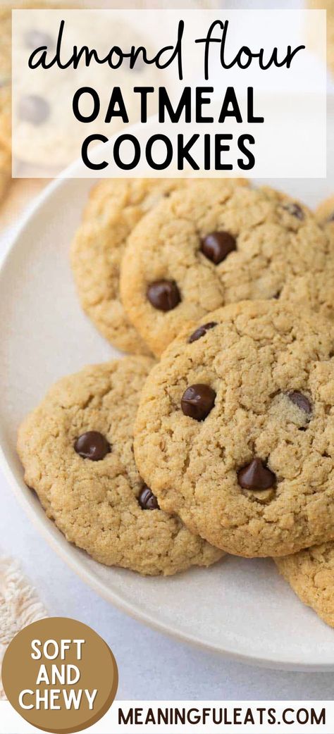 A plate full of several almond flour oatmeal cookies baked with chocolate chips in them. Almond Flour Oatmeal Cookies, Almond Flour Oatmeal, Gluten Free Lemon Cookies, Gluten Free Monster Cookies, Almond Flour Recipes Cookies, Make Almond Flour, Glutenfri Baking, Flourless Chocolate Cookies, Almond Flour Cookies