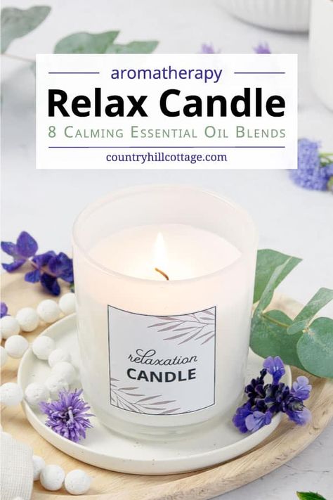 See how to make your own scented DIY relaxation candles with natural aromatherapy benefits! Run a spa bubble bath and light a relax candle with the best candle scents to relax at night. The homemade soy candle making tutorial is great for beginners. It includes 8 calming essential oil blends, free printable labels for packaging and care tips. Pretty hand poured stress relief candles are a great handmade gift, pretty home decor, and idea for your candle making business. | CountryHillCottage.com Self Care Candles, Relax Candle, Best Candle Scents, Wellness Decor, Candle Recipe, Calming Essential Oil Blends, Candle Making Tutorial, Candle Scents Recipes, Oil Therapy