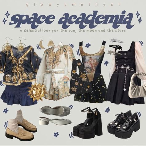 Astrology Inspired Outfits, Star Core Clothes, Astronomy Clothes Aesthetic, Astrology Aesthetic Clothes, Space Core Clothes, Cosmic Core Aesthetic Outfits, Space Acedamia Outfits, Astronomer Aesthetic Outfit, New Wave Aesthetic Outfit