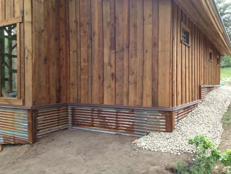 Rusted metal siding on barn foundation | SRR Ideas | Pinterest ... House Skirting, Skirting Ideas, Mobile Home Skirting, Home Skirting, Wainscoting Stairs, Dining Room Wainscoting, Siding Ideas, Steel Siding, Barn Siding