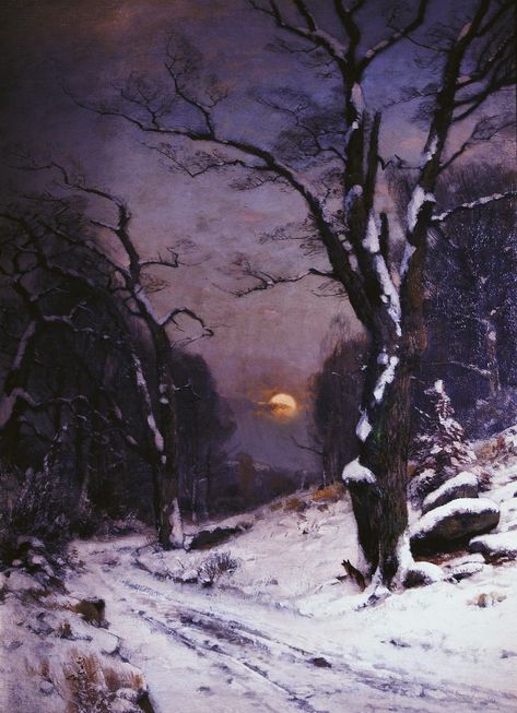 Classical Academic — Sunset over the Winter Forest, 1881, by Heinrich... Moonlight Painting, Winter Landscape Painting, Painting Snow, Snowy Landscape, Winter Painting, Winter Scenery, Daily Painting, Winter Forest, Winter Art