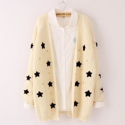 Kawaii Clothing, Knit Sweater Coat, Cute Star, Kawaii Fashion Outfits, Star Sweater, Style Japonais, Sweater Coat, Korea Fashion, Kawaii Clothes