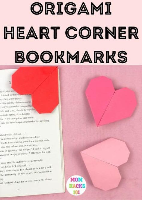 Valentine Origami Bookmark Heart Corner Craft - Mom Hacks 101 Book Mark Valentines Kids, Diy Valentine Bookmarks, Easy Origami Heart Bookmark, Diy Valentine Bookmarks Kids, Valentines Origami Easy, Valentines Day Origami Easy, Bookmark Valentines For Kids, Valentine Origami For Kids, Heart Corner Bookmark