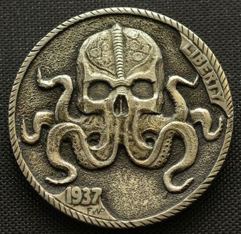 Hobo Art, Lovecraft Cthulhu, Pirate Coins, Hobo Nickel, Custom Coins, Coin Art, Cthulhu Mythos, Metal Clay Jewelry, Antique Coins