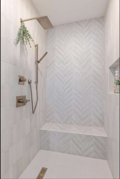 Modern Master Shower Tile Ideas, Large Tile Shower Ideas Walk In With Seat, Wood Tile Accent Wall Bathroom, Gray Walk In Shower Ideas, Chevron Tile Shower Wall, Small Modern Coastal Bathroom, Transitional Bathroom Tile, Knee Wall Shower Ideas, Walk In Shower Door Ideas